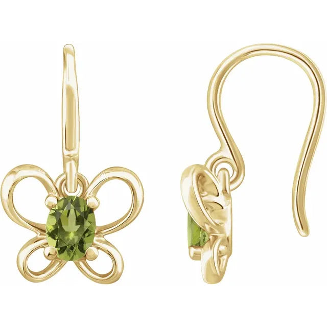 14K Yellow Gold Oval August Youth Butterfly Birthstone Earrings