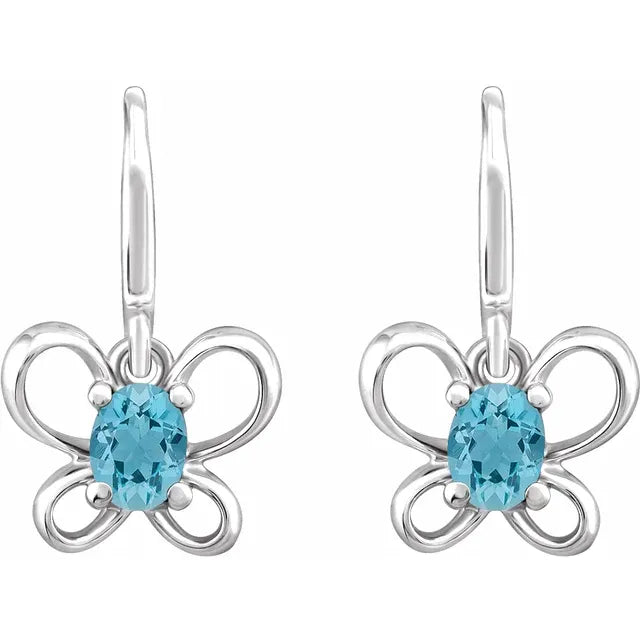14K White Gold Oval March Youth Butterfly Birthstone Earrings