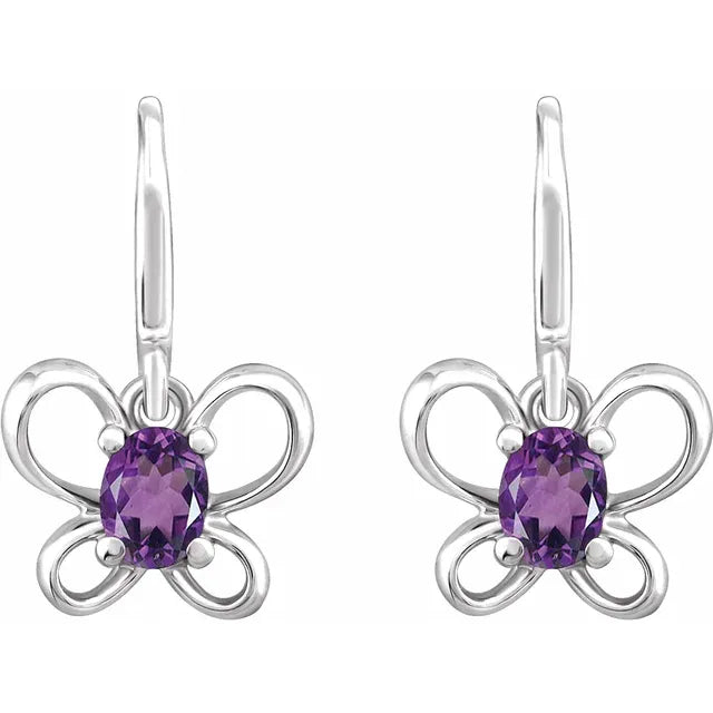 14K White Gold Oval February Youth Butterfly Birthstone Earrings