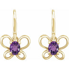 14K Yellow Gold Oval February Youth Butterfly Birthstone Earrings