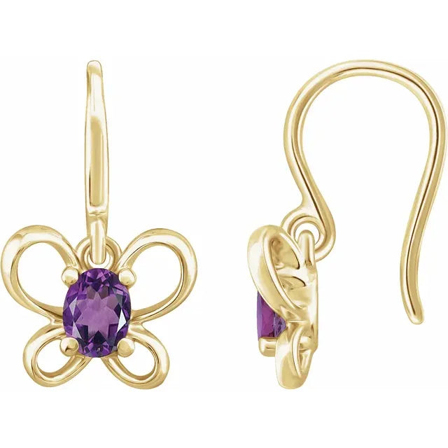 14K Yellow Gold Oval February Youth Butterfly Birthstone Earrings