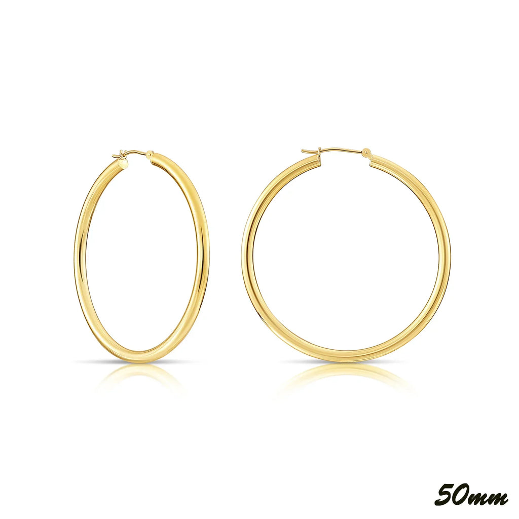 14K Yellow Gold Plain Hoops - 3MM Tube
