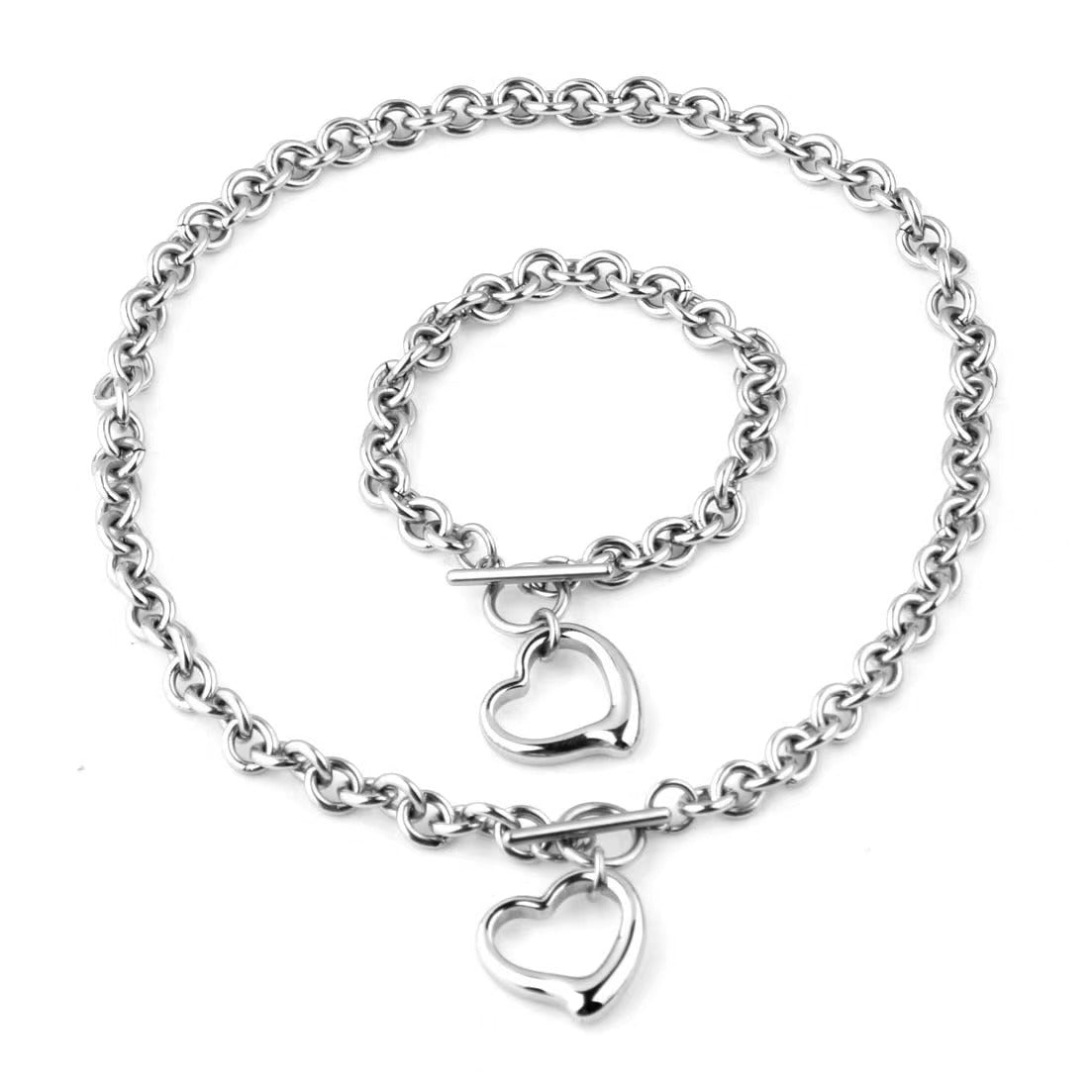 DiamondX 18k White Gold 2 Set Shiny Heart Charm Toggle Necklace & Bracelet Plated