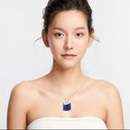 18K White Gold 1/2 Carat Created Blue Sapphire Princess Stud Necklace Plated 18 inch