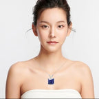 18K White Gold 2 Carat Created Blue Sapphire Princess Stud Necklace Plated 18 inch