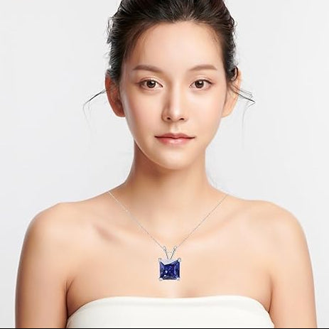 18K White Gold 3 Carat Created Blue Sapphire Princess Stud Necklace Plated 18 inch