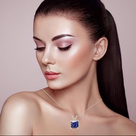 18K White Gold 3 Carat Created Blue Sapphire Princess Stud Necklace Plated 18 inch