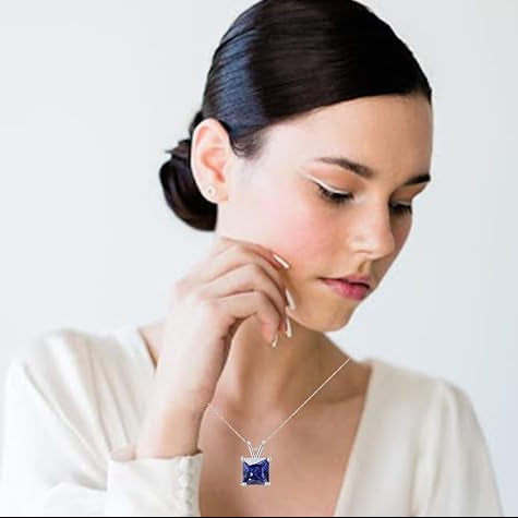 18K White Gold 1/2 Carat Created Blue Sapphire Princess Stud Necklace Plated 18 inch