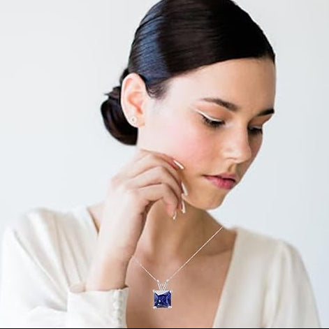 18K White Gold 3 Carat Created Blue Sapphire Princess Stud Necklace Plated 18 inch