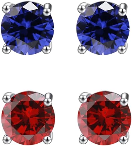 24k White Gold Plated 1/2Ct Created Blue sapphire and  Ruby 2 Pair Round Stud Earrings