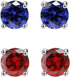 18k White Gold Plated 1Ct Created Blue sapphire and  Ruby 2 Pair Round Stud Earrings