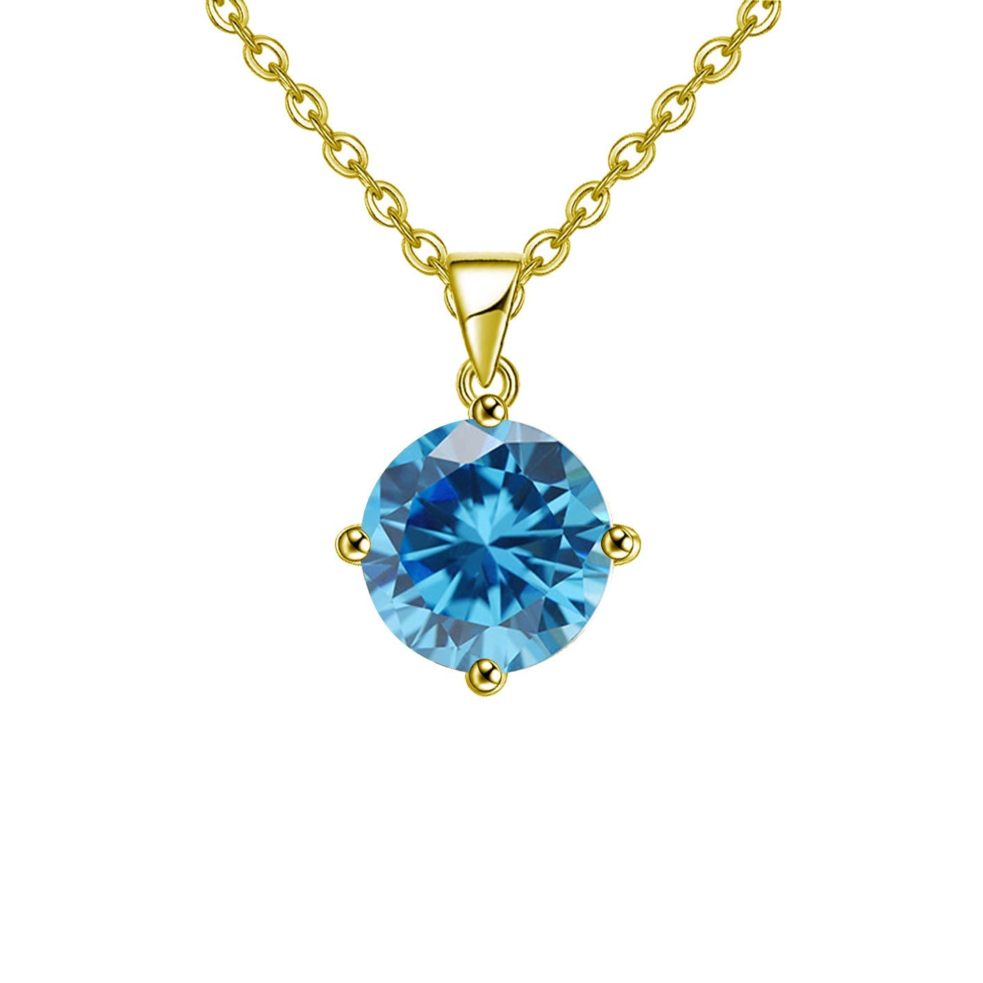 18k Yellow Gold 2 Carat Created Blue Topaz Round Stud Necklace Plated 18 inch