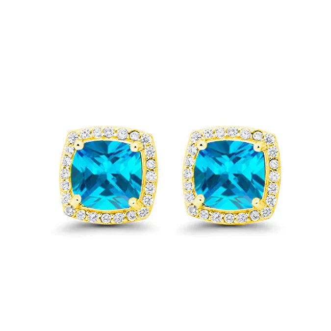 DiamondX 18k Yellow Gold 1 Carat Created Halo Princess Sapphire Birthstone Stud Earrings All Colors Plated