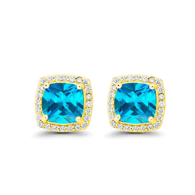 DiamondX 18k Yellow Gold 1 Carat Created Halo Princess Sapphire Birthstone Stud Earrings All Colors Plated