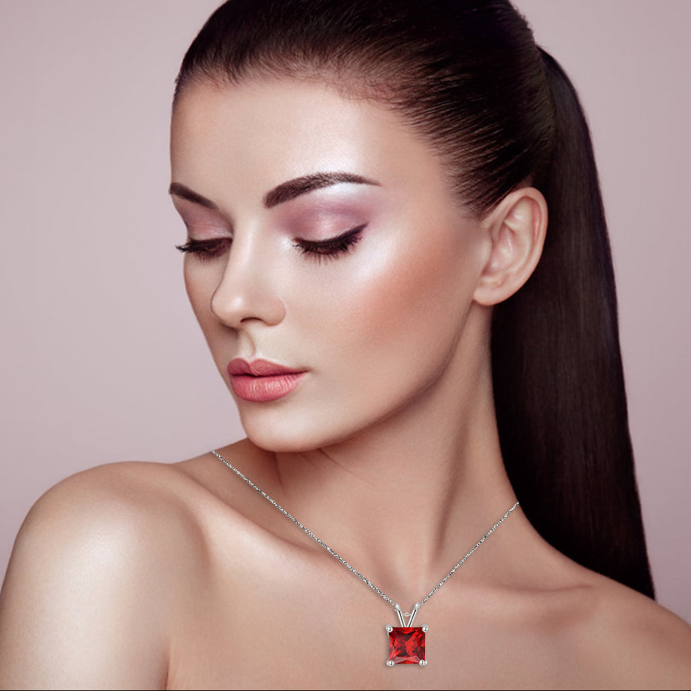18K White Gold 2 Carat Created Ruby Princess Stud Necklace Plated 18 inch