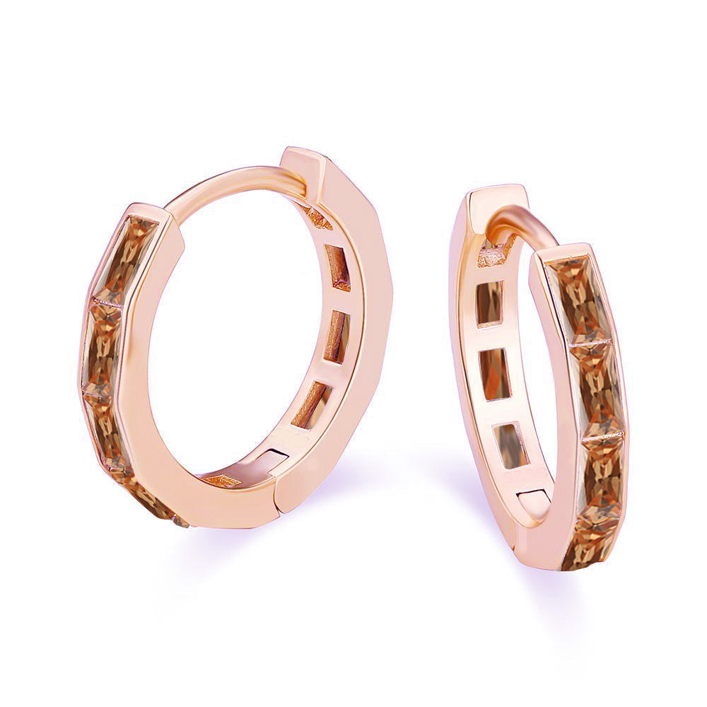 DiamondX 18K Rose Gold Created Champagne 3Ct Emerald Cut Huggie Hoop Earrings Plated