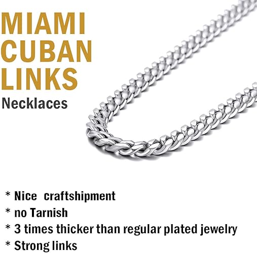 DiamondX 24K White Gold Chain Men Chunky Miami Cuban Chain Necklace, Available in 6/10/mm Width, 18/20/22/24/26/28/30 inch Length, Plated