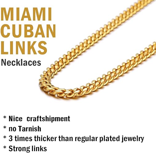 DiamondX 24K Yellow Gold Chain Men Chunky Miami Cuban Chain Necklace, Available in 6/10/mm Width, 18/20/22/24/26/28/30 inch Length, Plated