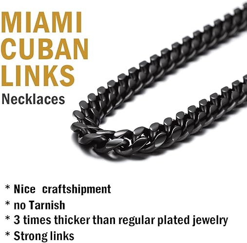 DiamondX 24K Black Gold Chain Men Chunky Miami Cuban Chain Necklace, Available in 6/10/mm Width, 18/20/22/24/26/28/30 inch Length, Plated