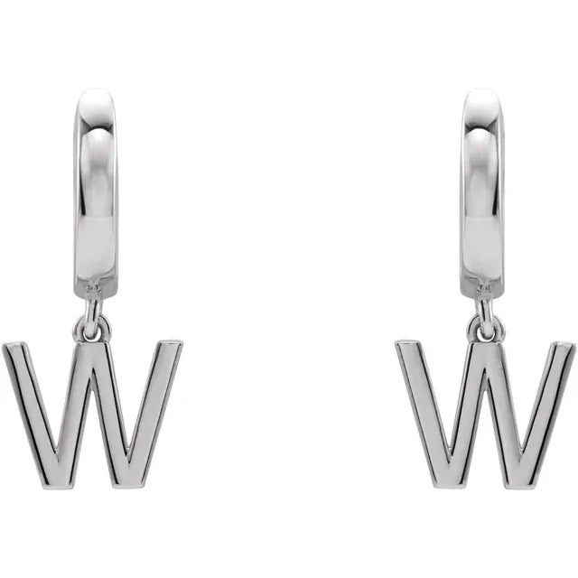 14K White Gold Initial W Hinged Huggie Earring