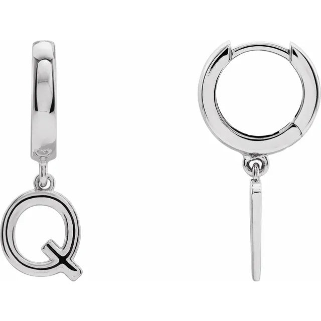 14K White Gold Initial Q Hinged Huggie Earring