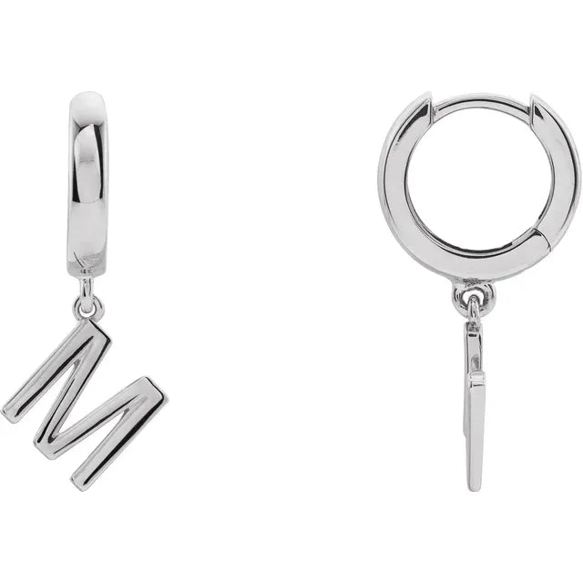 14K White Gold Initial M Hinged Huggie Earring