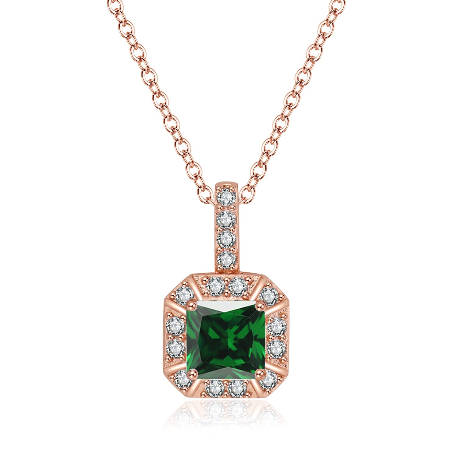 DiamondX 18K Rose Gold 1ct Halo Emerald Square 18 Inch Necklace Plated