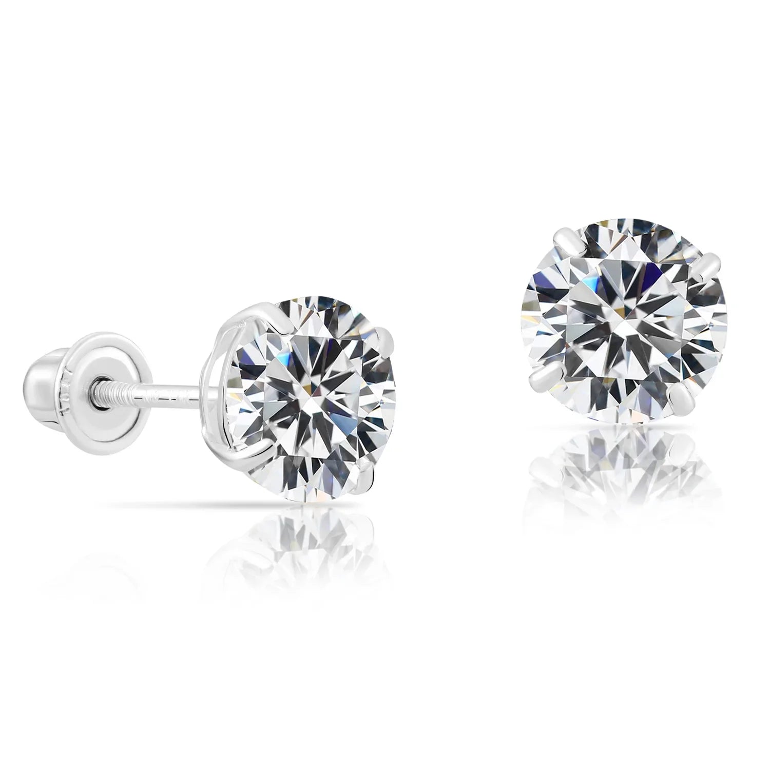 10k White Gold Round CZ Stud Earrings - Screwback