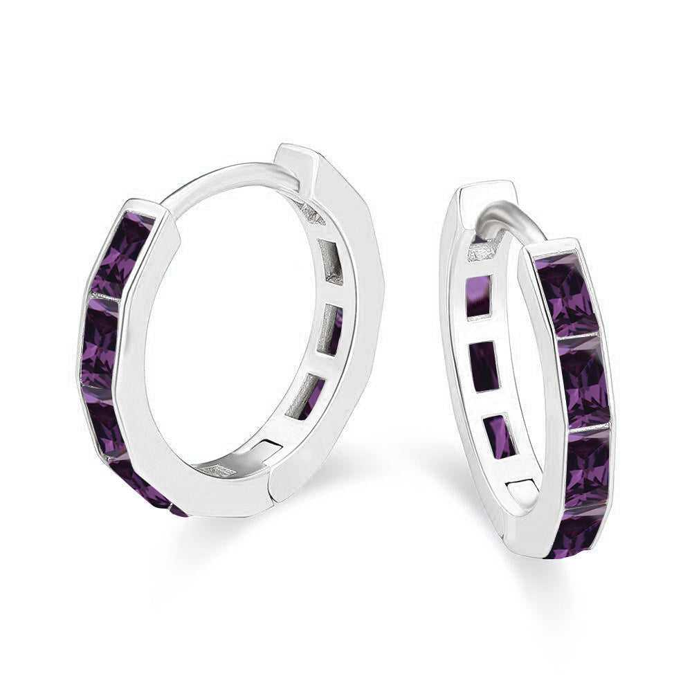 DiamondX 18K White Gold Created Deep Amethyst 3Ct Emerald Cut Huggie Hoop Earrings Plated