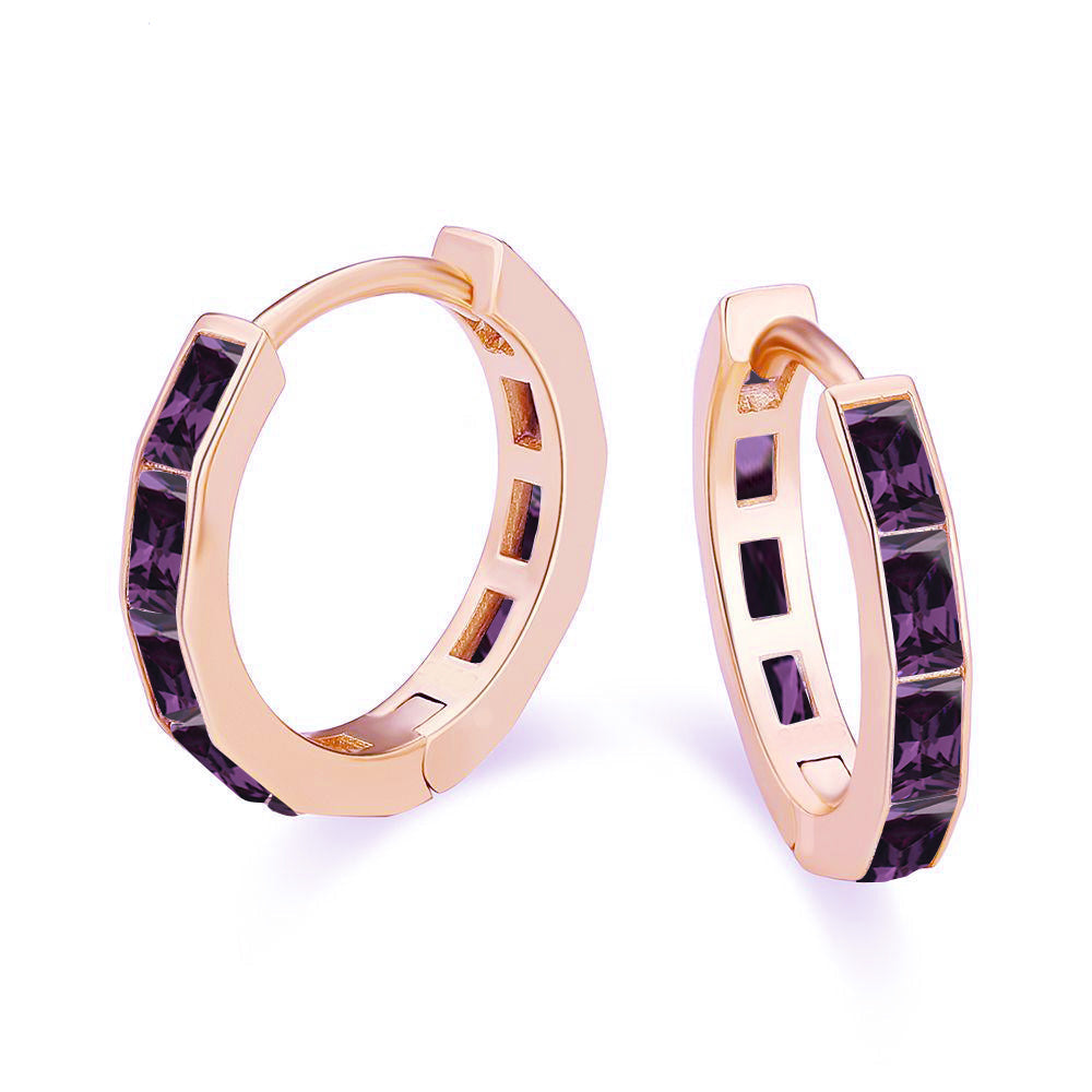 DiamondX 18K Rose Gold Created Deep Amethyst 3Ct Emerald Cut Huggie Hoop Earrings Plated