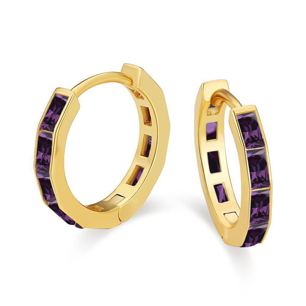 DiamondX 18K Yellow Gold Created Deep Amethyst 3Ct Emerald Cut Huggie Hoop Earrings Plated