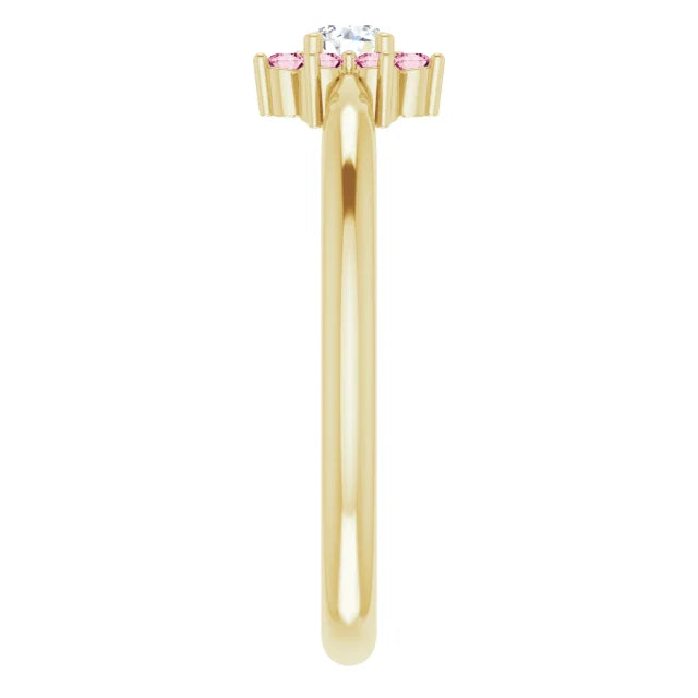 14K Yellow Gold Pink Tourmaline & .06 CT Diamond Flower Ring