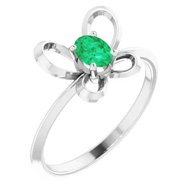 14K White Gold 4x3 mm Oval May Youth Butterfly Birthstone Ring