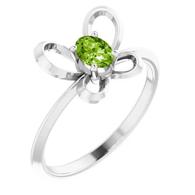 14K White Gold 4x3 mm Oval August Youth Butterfly Birthstone Ring