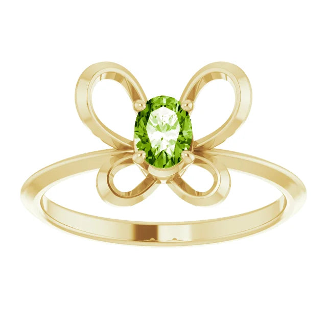 14K Yellow Gold 4x3 mm Oval August Youth Butterfly Birthstone Ring