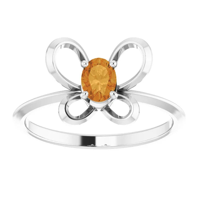 14K White Gold 4x3 mm Oval November Youth Butterfly Birthstone Ring