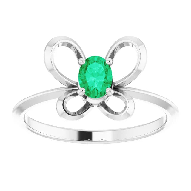 14K White Gold 4x3 mm Oval May Youth Butterfly Birthstone Ring