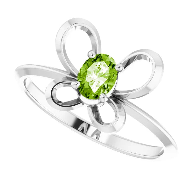 14K White Gold 4x3 mm Oval August Youth Butterfly Birthstone Ring