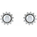 14K White Cultured White Akoya Pearl & 1/6 CTW Natural Diamond Halo-Style Earrings