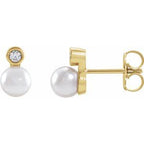 14K Yellow Cultured White Akoya Pearl & .06 CTW Natural Diamond Earrings