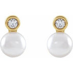 14K Yellow Cultured White Akoya Pearl & .06 CTW Natural Diamond Earrings