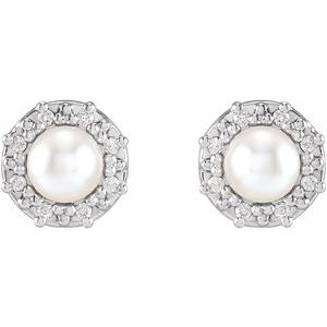 14K White Gold Cultured White Akoya Pearl & .07 CTW Natural Diamond Halo-Style Earrings