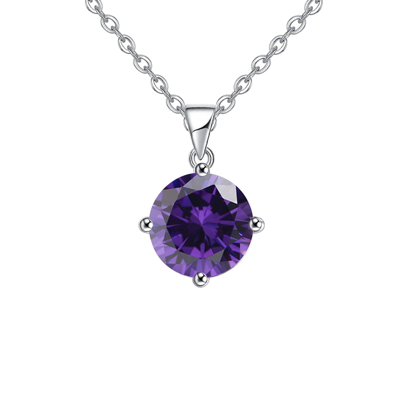 18K White Gold 1 Carat Created Amethyst Round Stud Necklace Plated 18 inch
