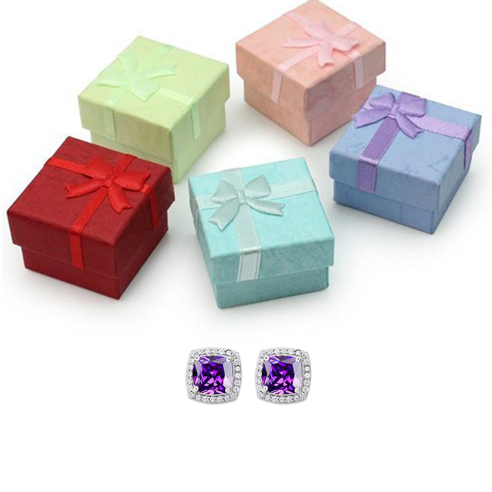 18k White Gold Plated 2 Ct Created Halo Princess Cut CZ Amethyst Stud Earrings
