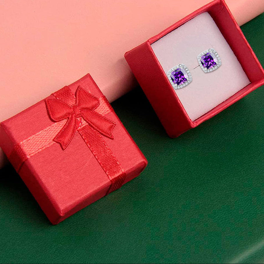 18k White Gold Plated 2 Ct Created Halo Princess Cut CZ Amethyst Stud Earrings