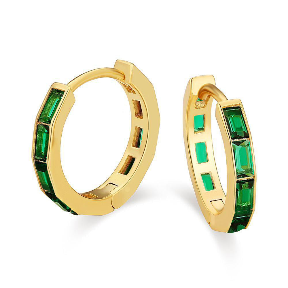 DiamondX 18K Yellow Gold Created Emerald 3Ct Emerald Cut Huggie Hoop Earrings Plated