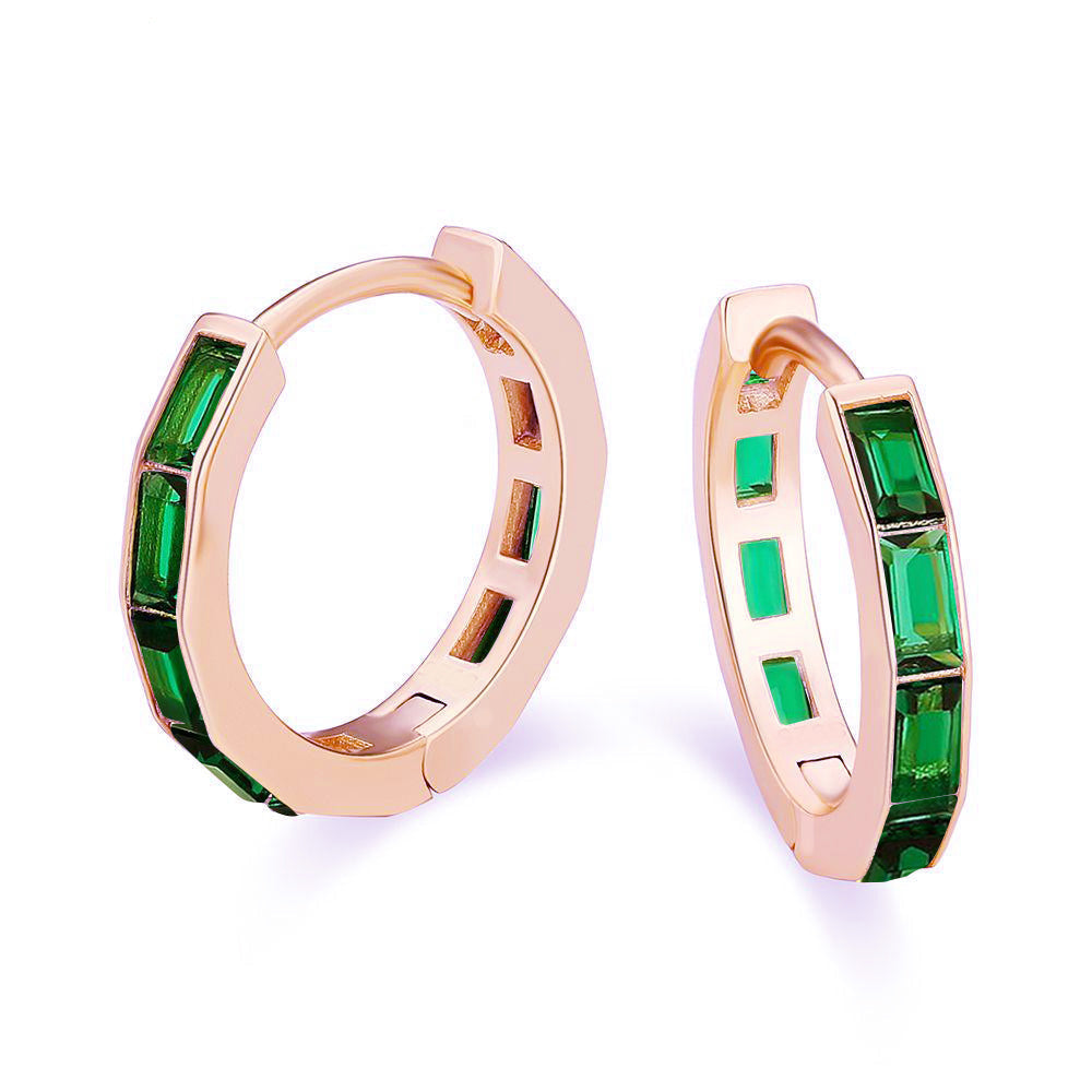 DiamondX 18K Rose Gold Created Emerald 3Ct Emerald Cut Huggie Hoop Earrings Plated