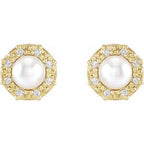 14K Yellow Gold Cultured White Akoya Pearl & .07 CTW Natural Diamond Halo-Style Earrings