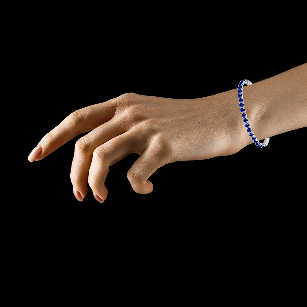18k White Gold 6 Cttw Created Blue Sapphire CZ Round Adjustable Tennis Plated Bracelet