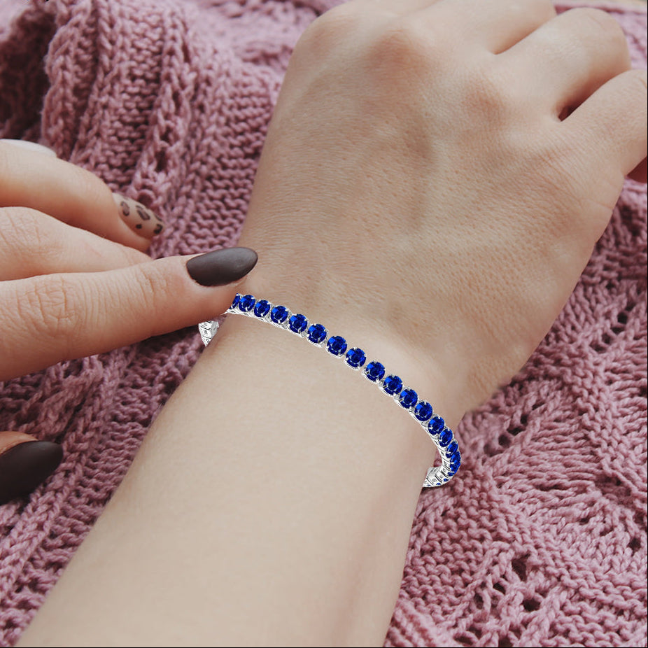18k White Gold 6 Cttw Created Blue Sapphire CZ Round Adjustable Tennis Plated Bracelet